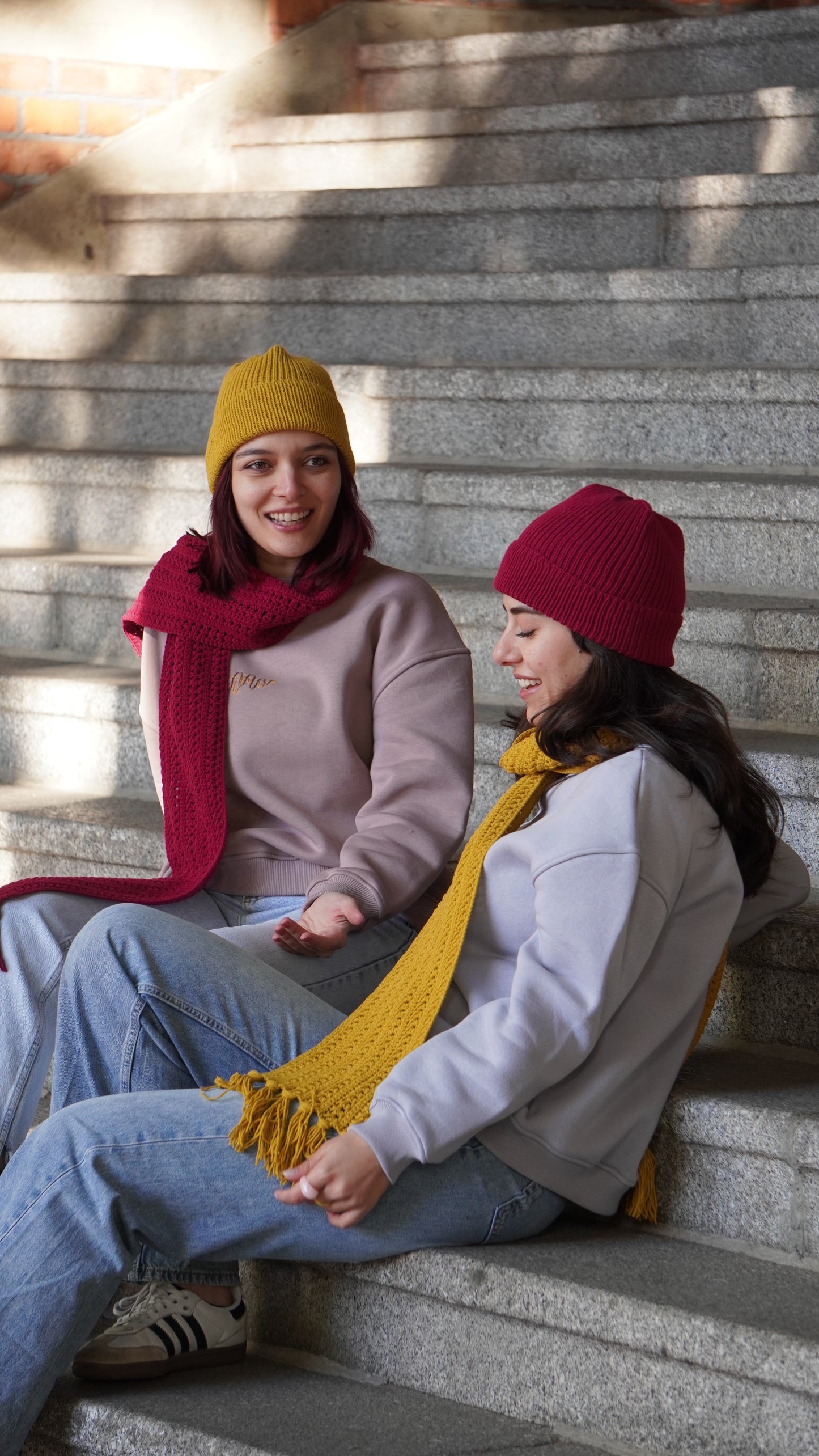 Model wearing Mozaika Collective Mulberry Burgundy Cozy Knits Scarf, second look styled