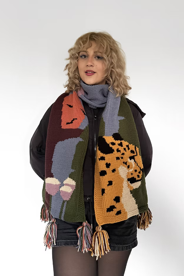 Model wearing Zone Design Jungle Scarf, bold handmade artisan scarf Berlin