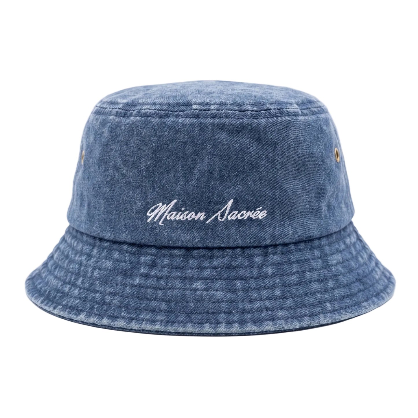 Navy Blue Bucket Hat front view — Maison Sacrée embroidery 100% cotton