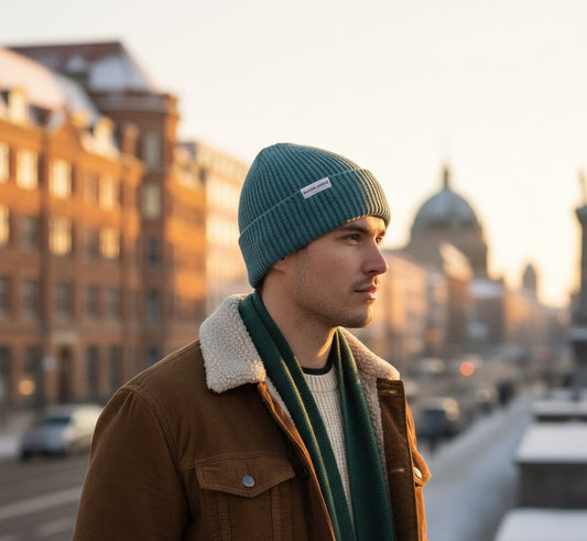 Model wearing Maison Sacrée Light Blue Knitted Beanie, go-to everyday premium beanie