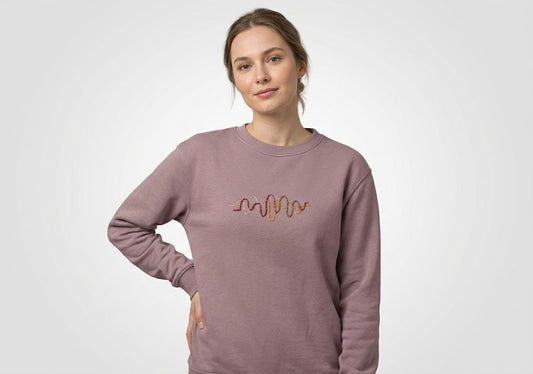 Model wearing Momeni Vivaldi Autumn Lilac Sweatshirt, unique artisan embroidered sweatshirt