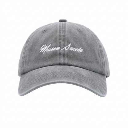 MS Bien Vivre Washed Black Cap front view — Maison Sacrée 100% cotton cap with embroidery