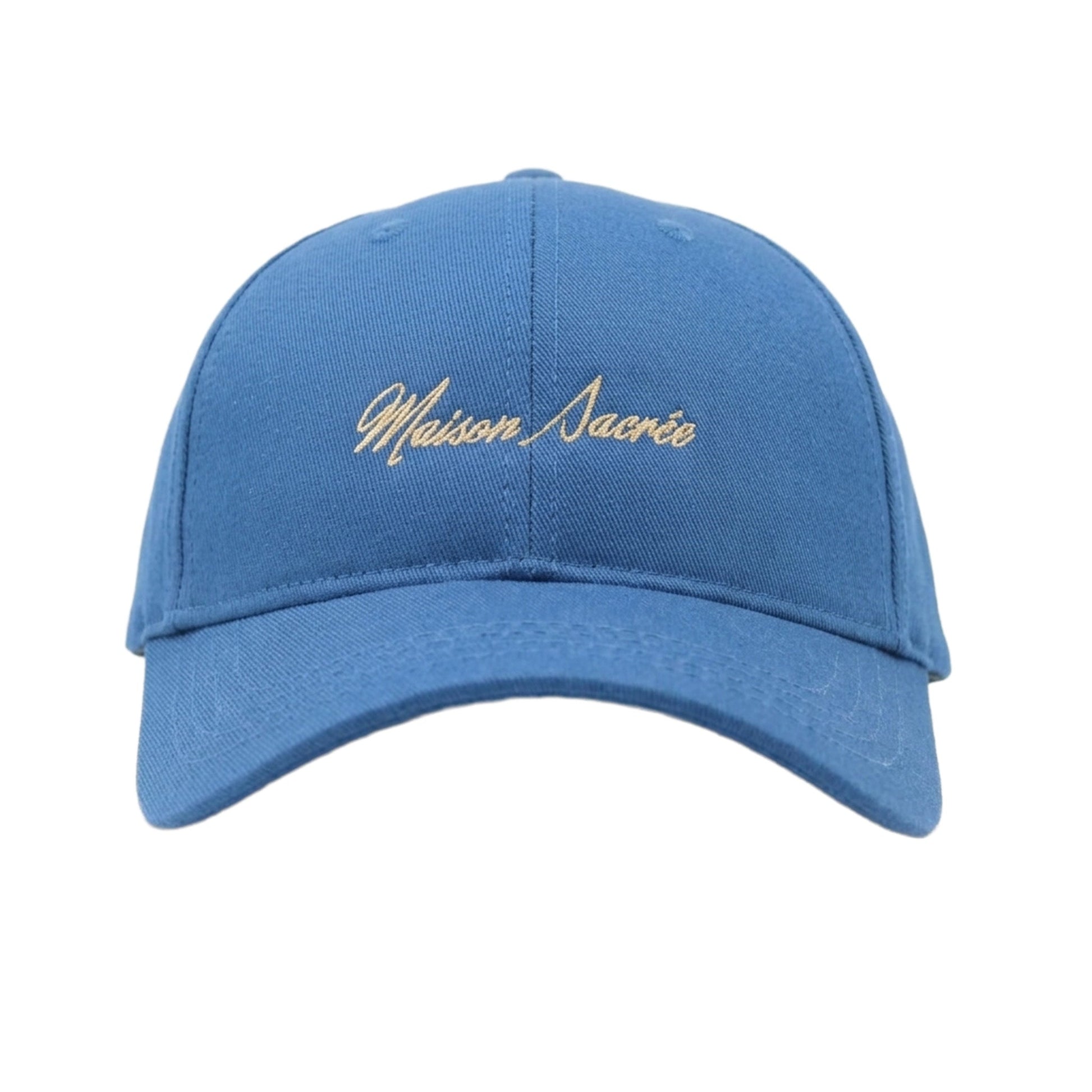 Blue Cap (second model) front view — Maison Sacrée Bien Vivre embroidery
