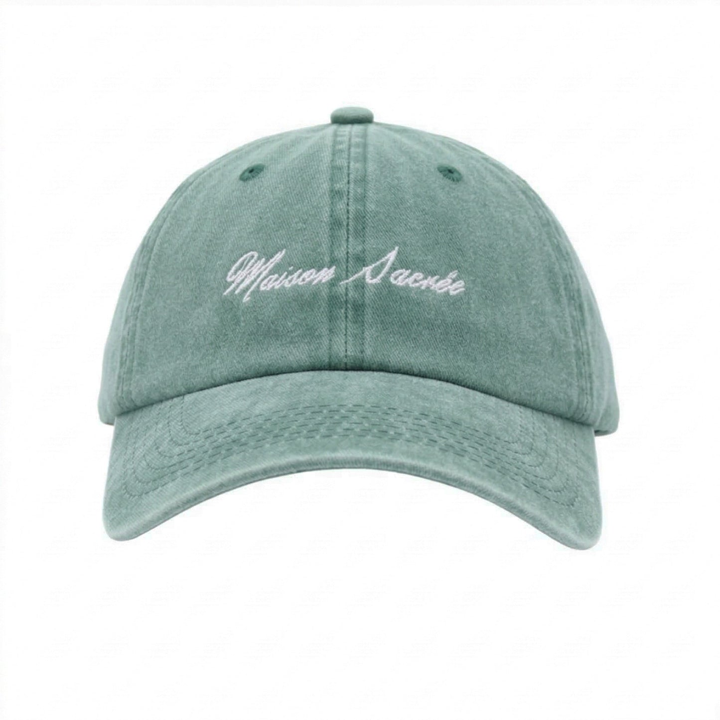 Washed Green Cap front view — Maison Sacrée 100% cotton cap with Bien Vivre embroidery