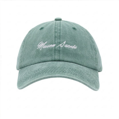 Washed Green Cap front view — Maison Sacrée 100% cotton cap with Bien Vivre embroidery