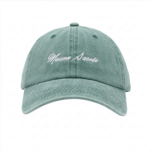 Washed Green Cap front view — Maison Sacrée 100% cotton cap with Bien Vivre embroidery