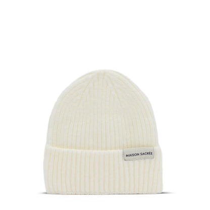 Maison Sacrée White Knitted Beanie front view, premium 70% cotton 30% wool blend