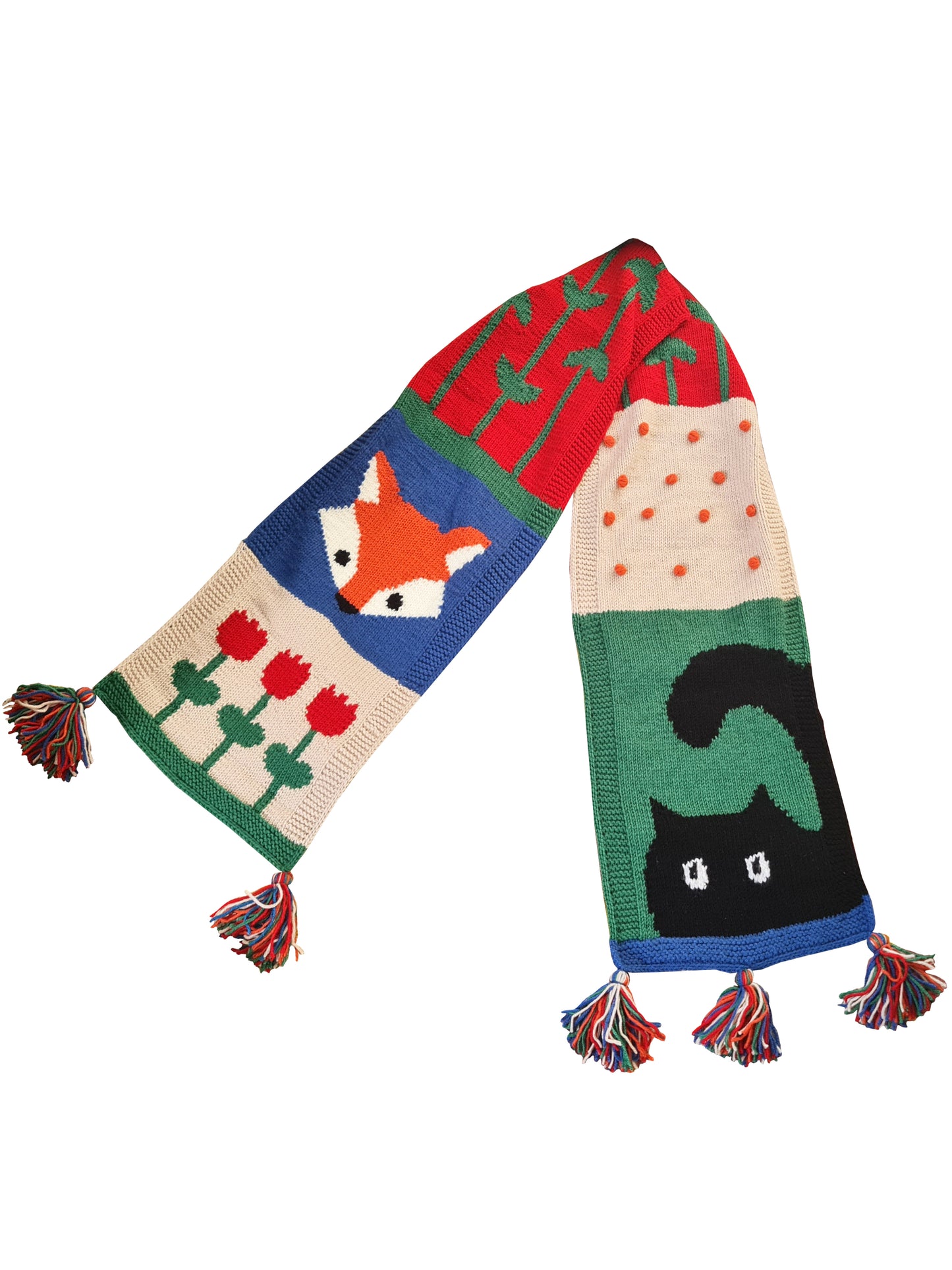 Mozaika Collective handcrafted scarf with cat and fox illustration, Berlin