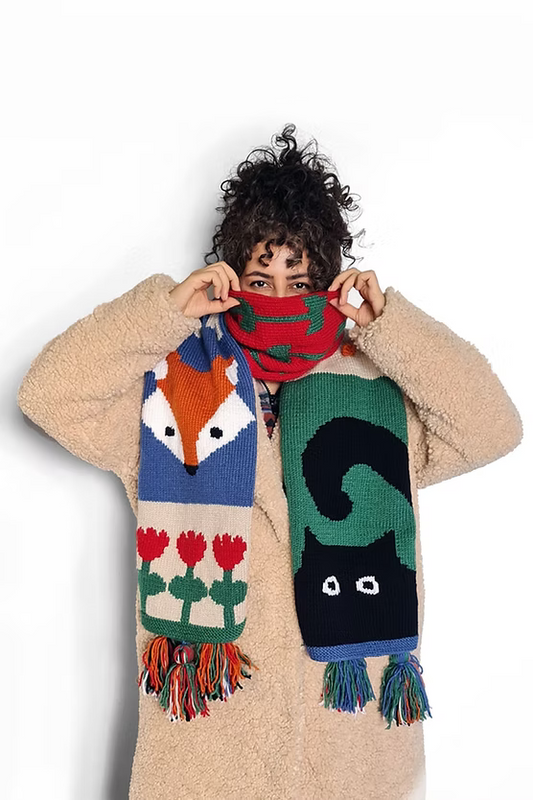 Mozaika Collective handcrafted scarf with cat and fox illustration, Berlin
