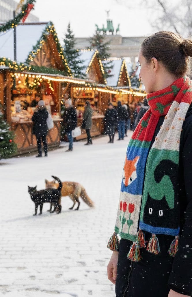 Mozaika Collective handcrafted scarf with cat and fox illustration, Berlin