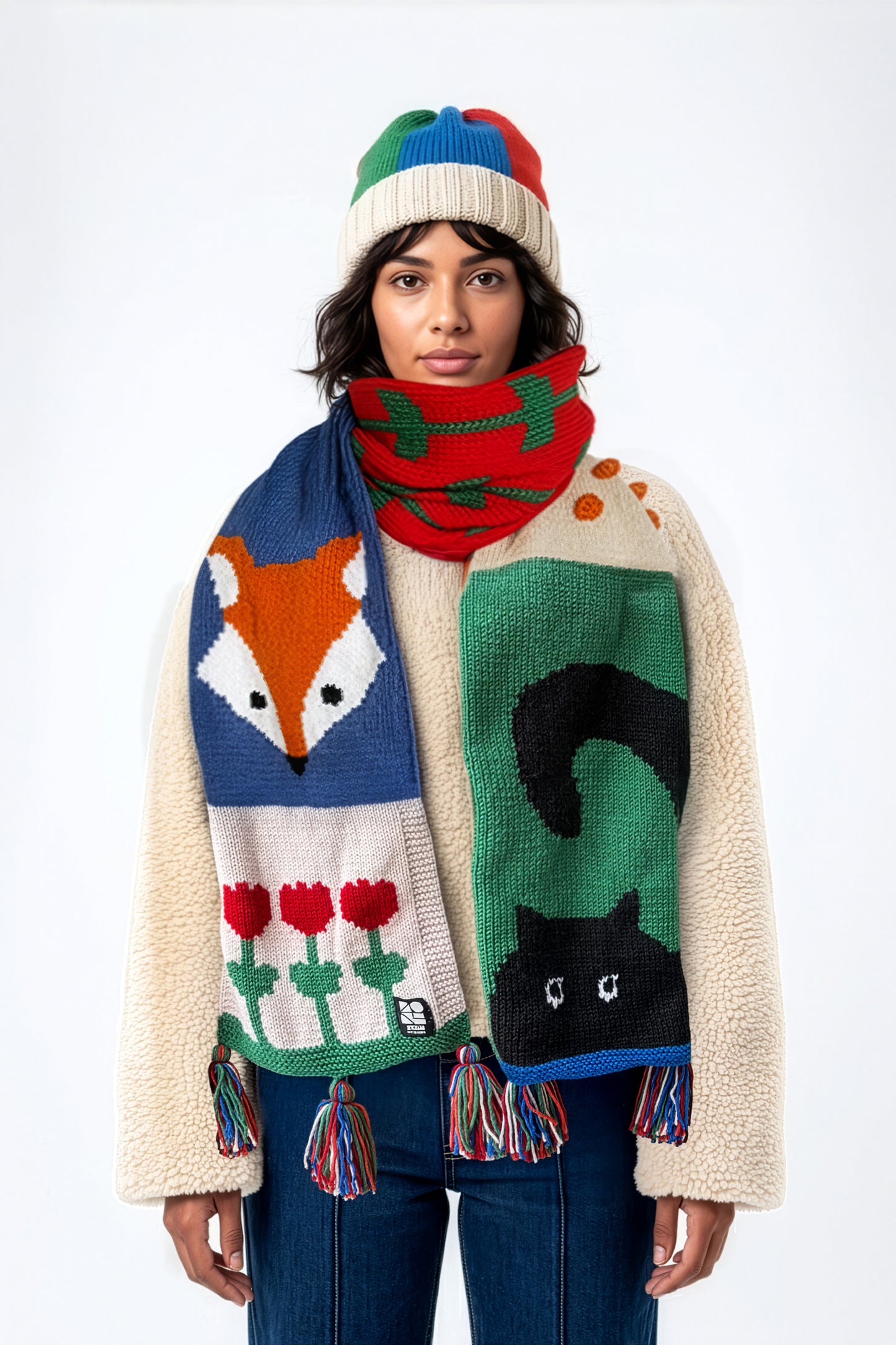 Mozaika Collective handcrafted scarf with cat and fox illustration, Berlin
