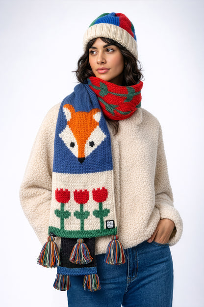 Mozaika Collective handcrafted scarf with cat and fox illustration, Berlin