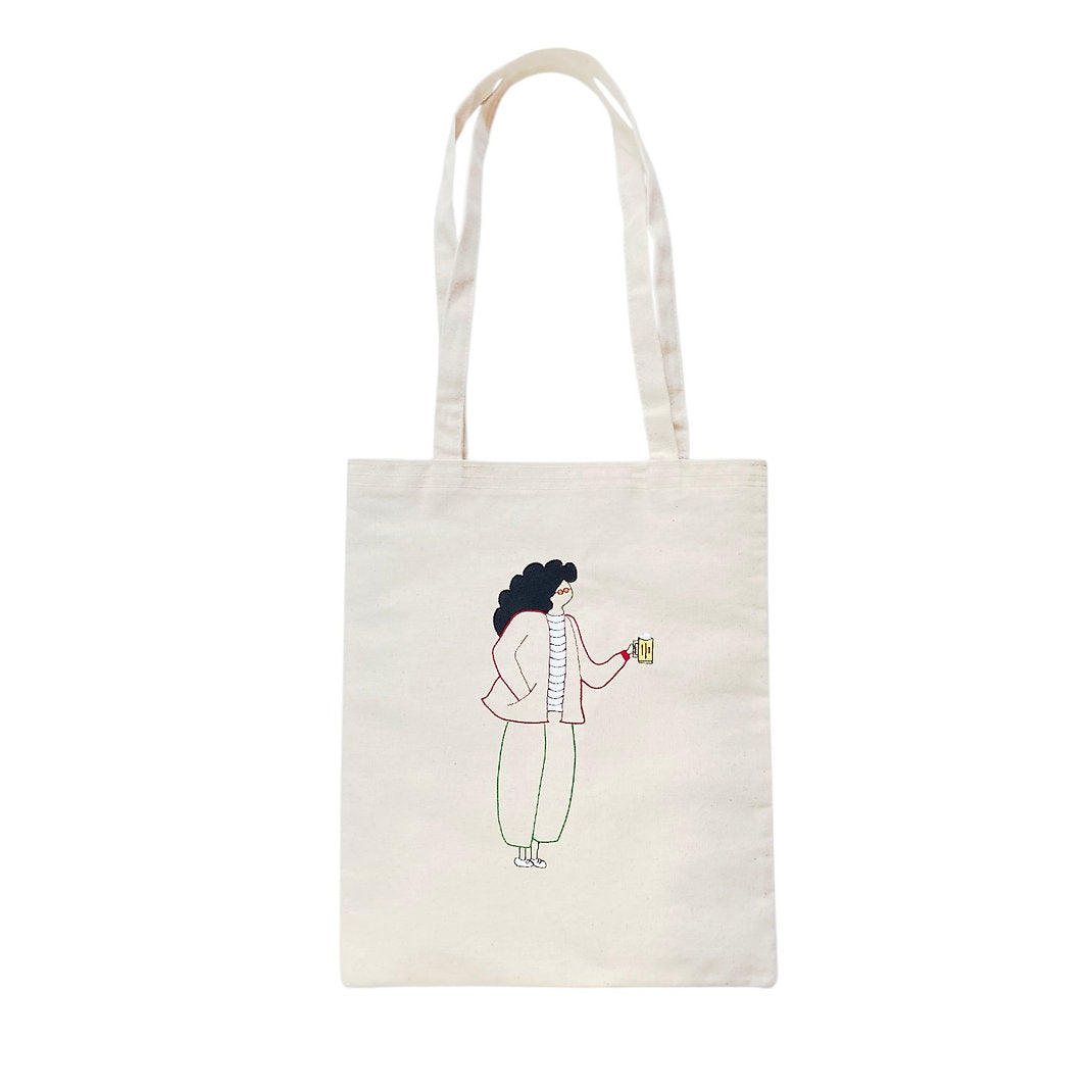 Bael Prost hand-embroidered organic canvas tote bag, 40x35cm with colourful lining and interior pocket