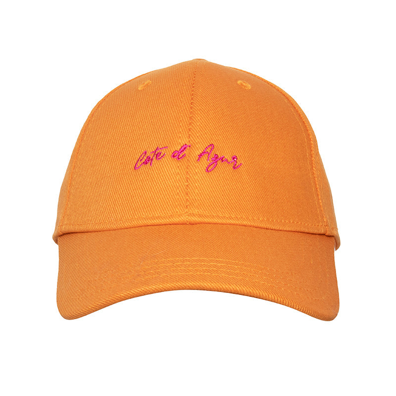 Côte D'Azur Orange Cap front view — Maison Sacrée embroidery