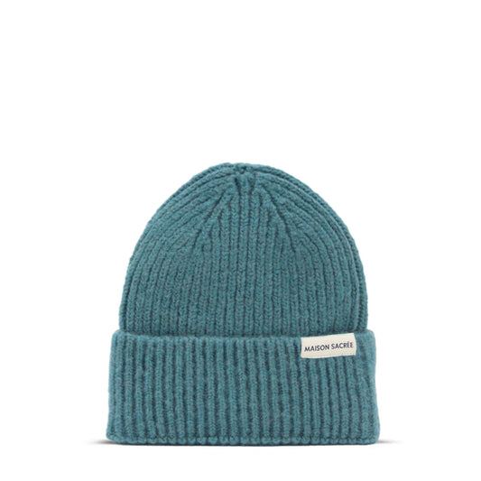 Maison Sacrée Light Blue Knitted Beanie front view, fresh 70% cotton 30% wool beanie
