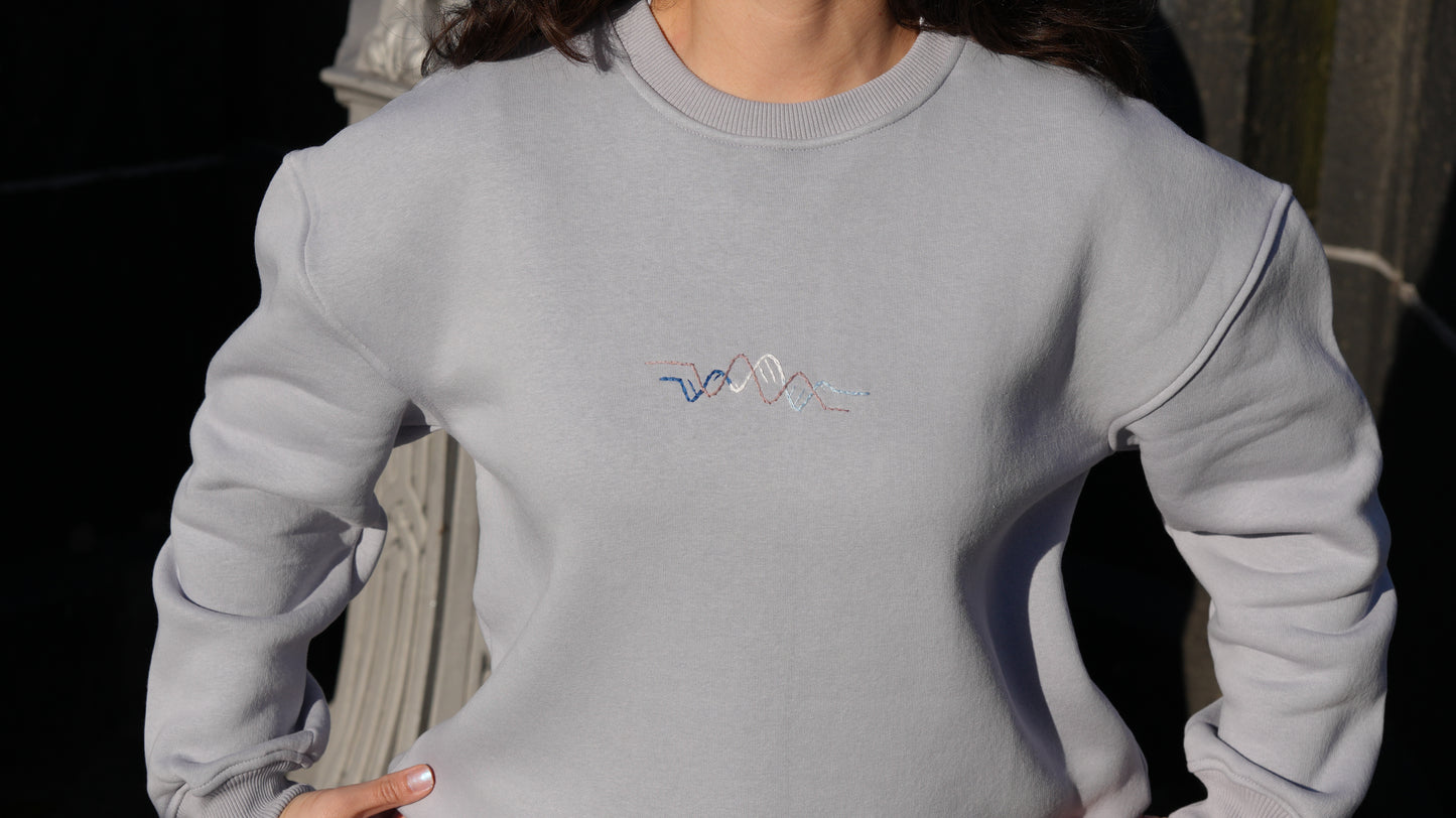 Momeni Vivaldi Winter Grey Sweatshirt close-up embroidery detail, Four Seasons Collection