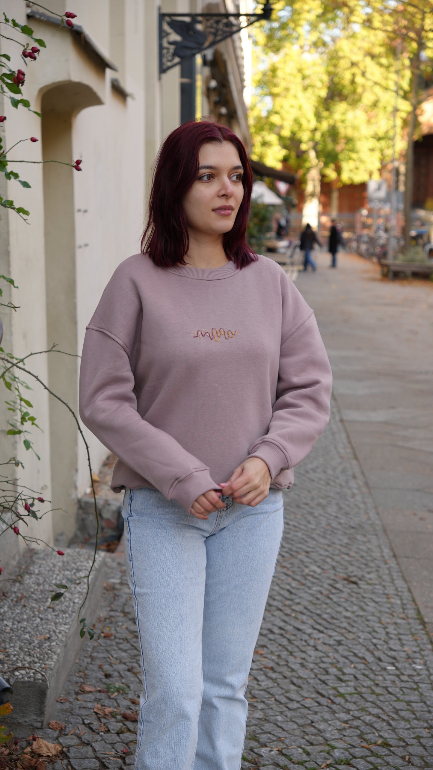 Momeni Vivaldi Autumn Lilac Sweatshirt front view showing seasonal hand embroidery detail