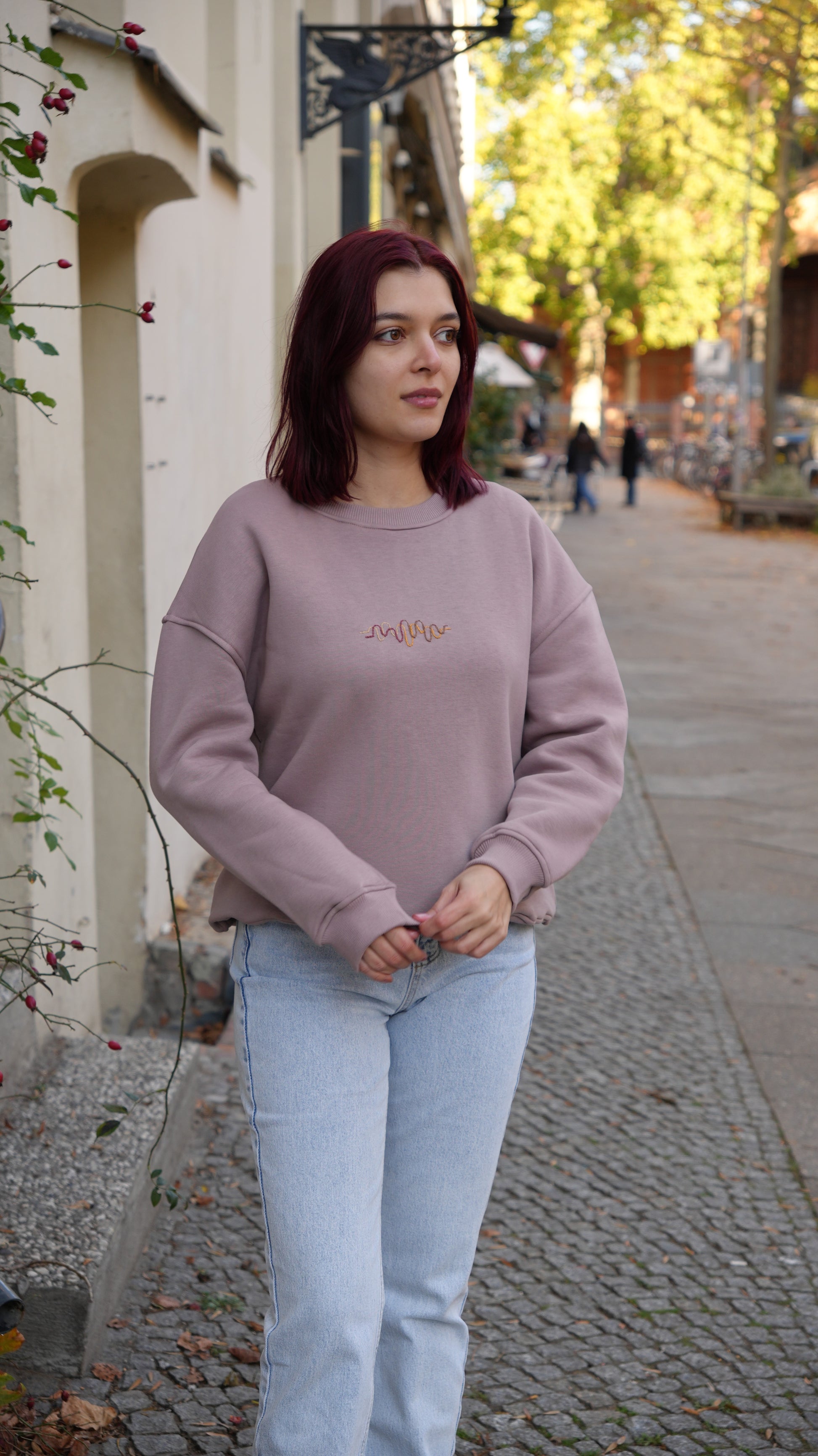 Momeni Vivaldi Autumn Lilac Sweatshirt front view showing seasonal hand embroidery detail
