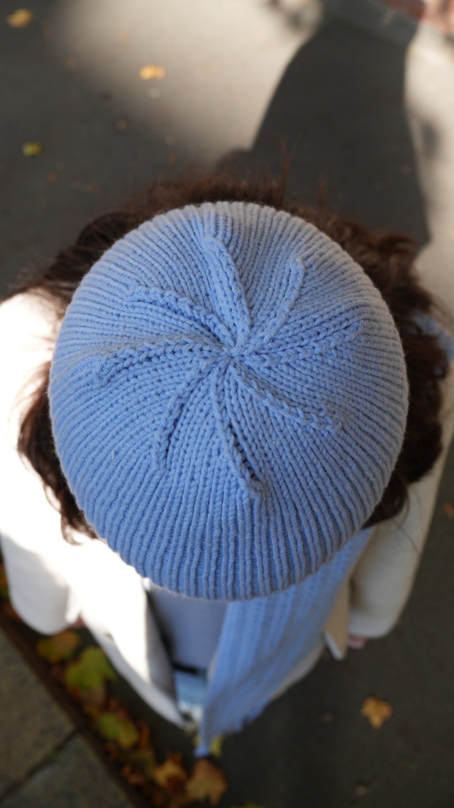 Mozaika Collective Sky Blue Beanie back view, artisan handknitted Cozy Knits accessory