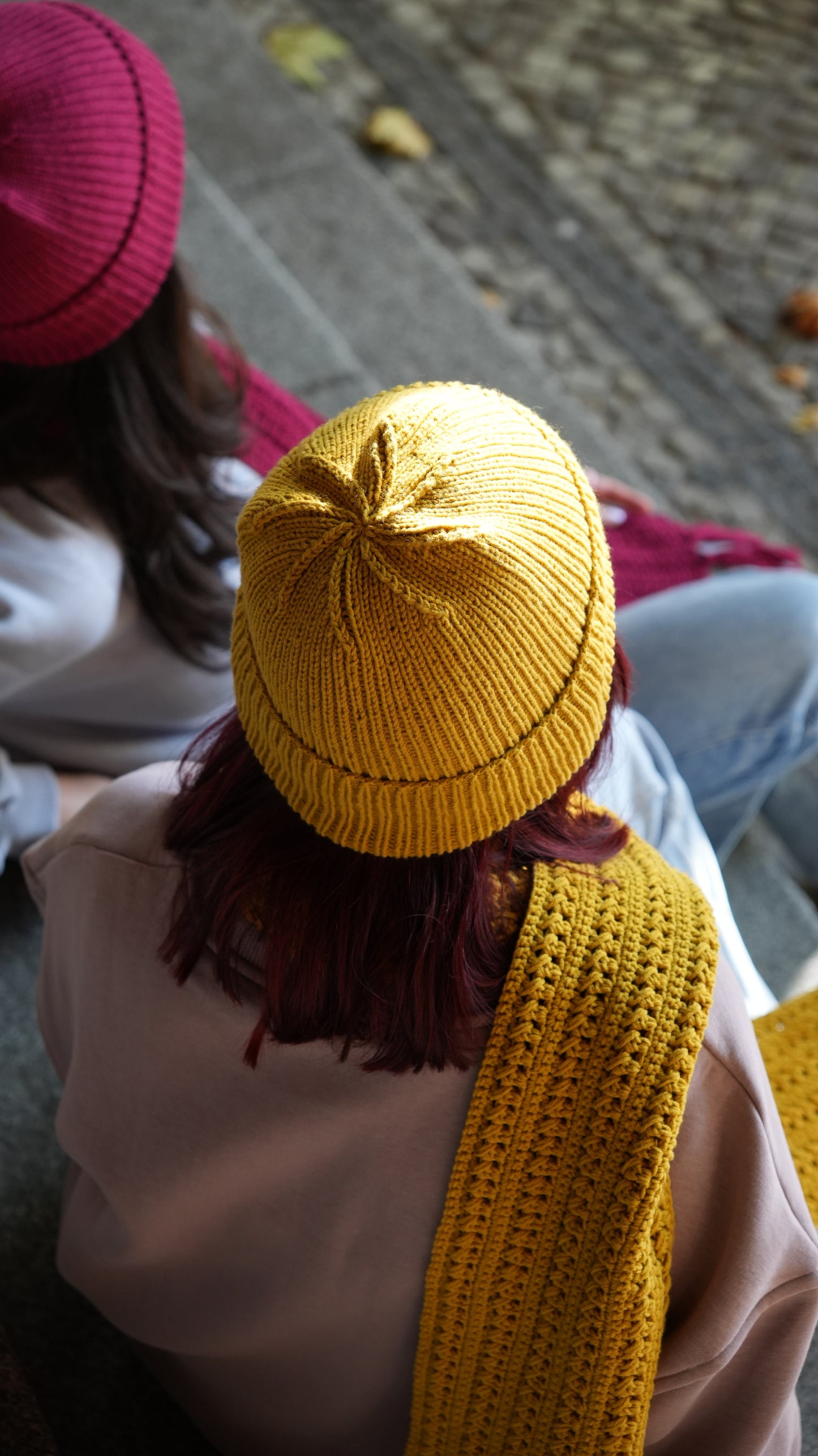 Model wearing Mozaika Collective Mustard Yellow Cozy Knits Beanie, soft breathable everyday hat