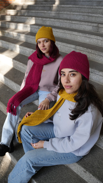 Mozaika Collective Mulberry Burgundy Beanie back view, breathable artisan handknitted hat