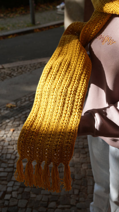 Model wearing Mozaika Collective Mustard Yellow Scarf second look, artisan breathable scarf