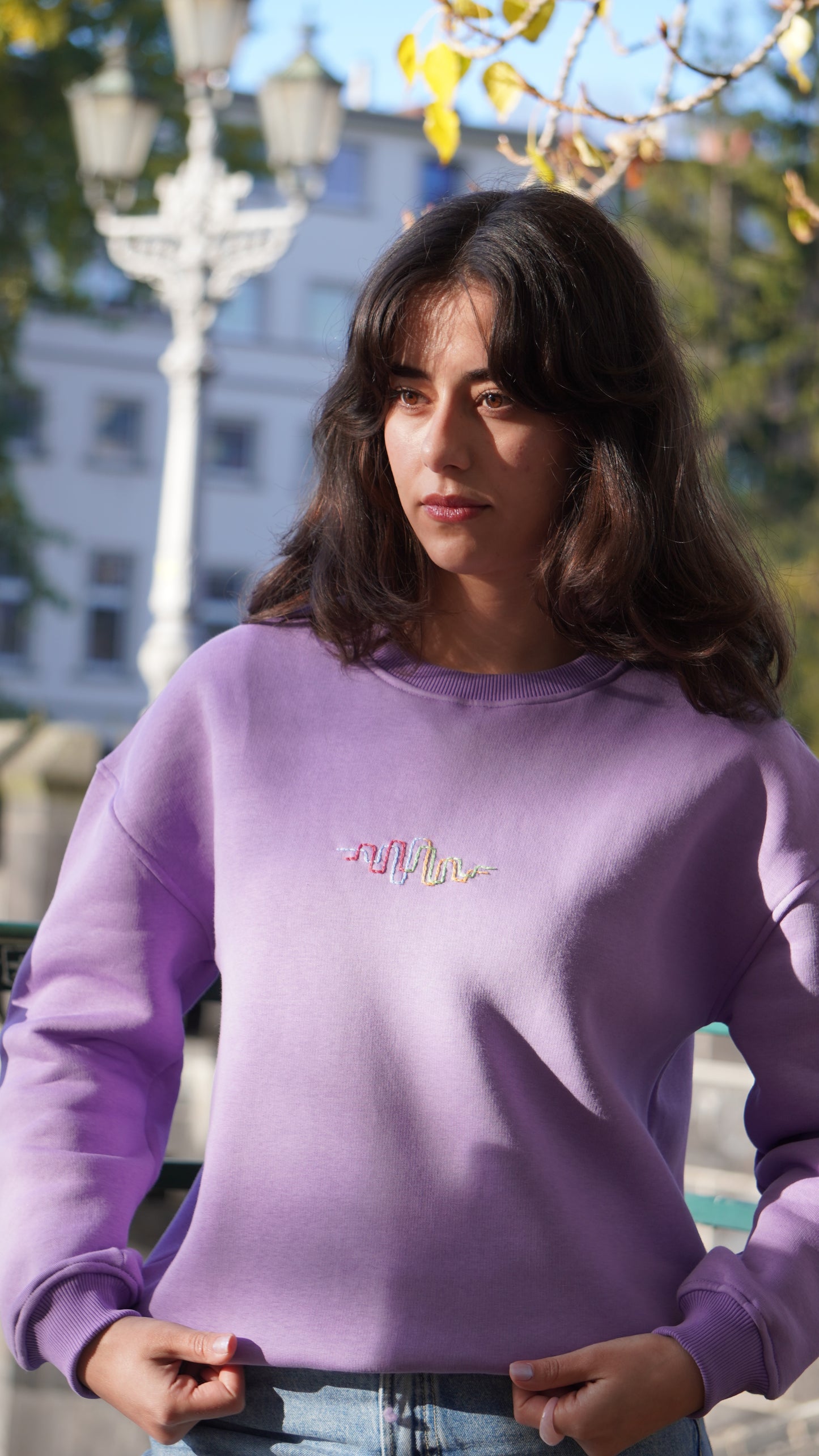 Momeni Vivaldi Summer Purple Sweatshirt model shot showing oversized fit and hand embroidery