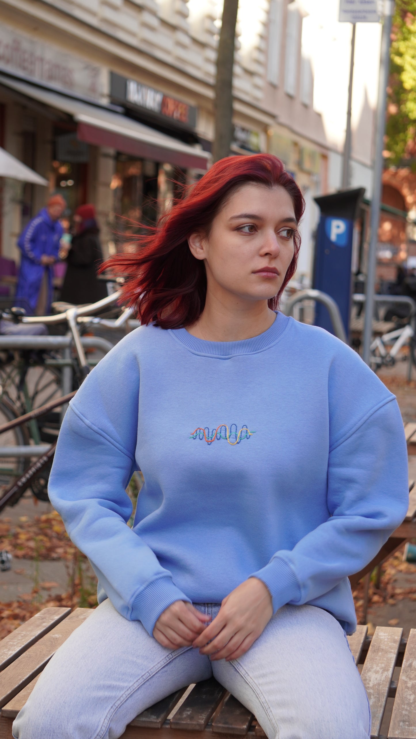 Model wearing Momeni Vivaldi Spring Blue Sweatshirt, unique hand-embroidered artisan piece