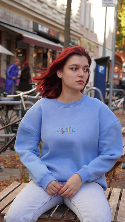 Model wearing Momeni Vivaldi Spring Blue Sweatshirt, unique hand-embroidered artisan piece