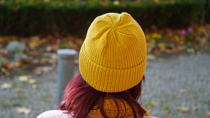 Mozaika Collective Mustard Yellow Beanie back view, artisan handknitted Cozy Knits hat