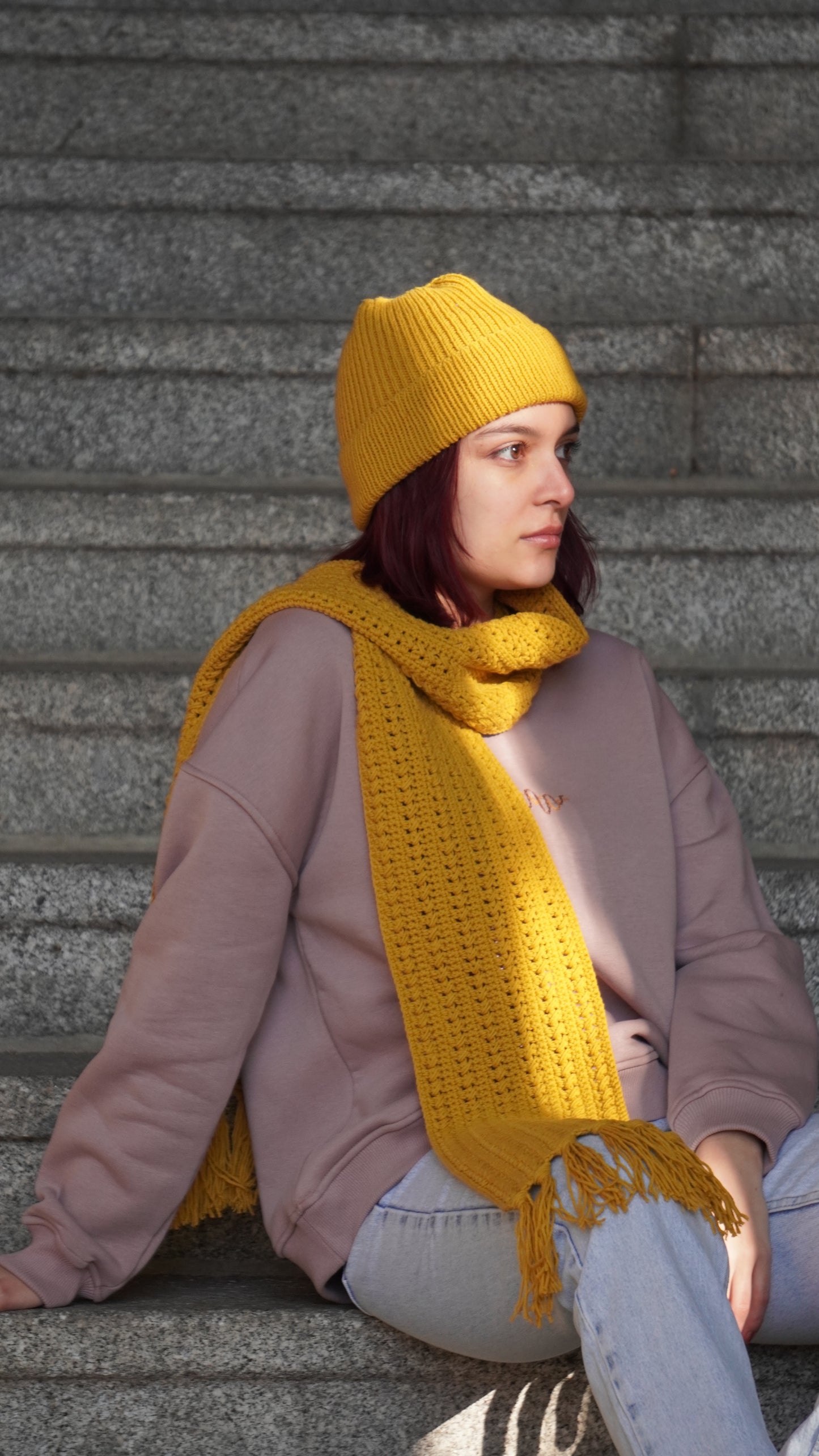 Mozaika Collective Mustard Yellow Scarf close-up knit detail, Cozy Knits artisan collection