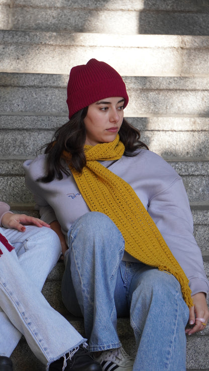 Model wearing Mozaika Collective Mulberry Burgundy Beanie second look, Cozy Knits collection