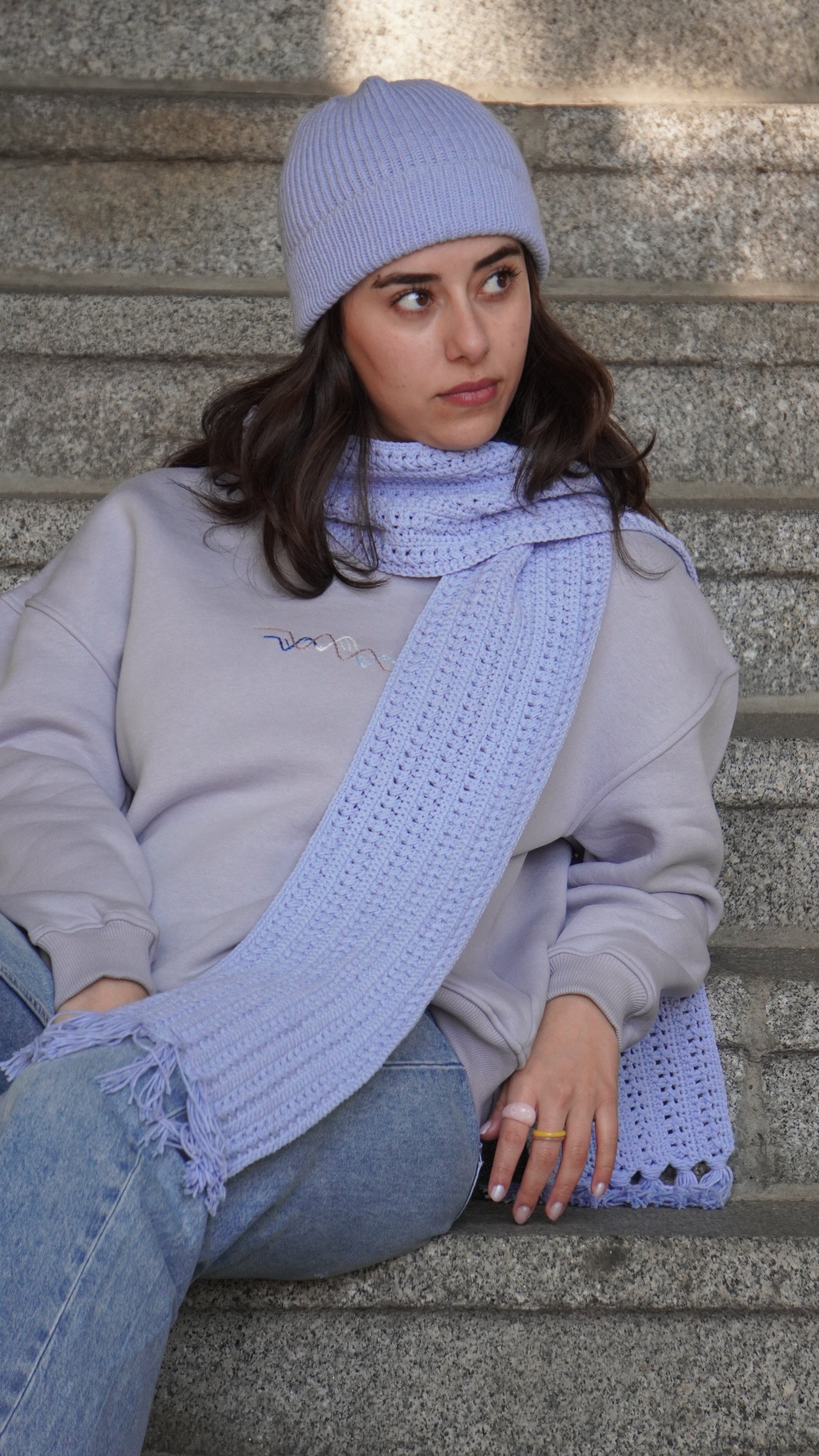 Mozaika Collective Sky Blue Scarf flat lay detail showing knit texture and colour