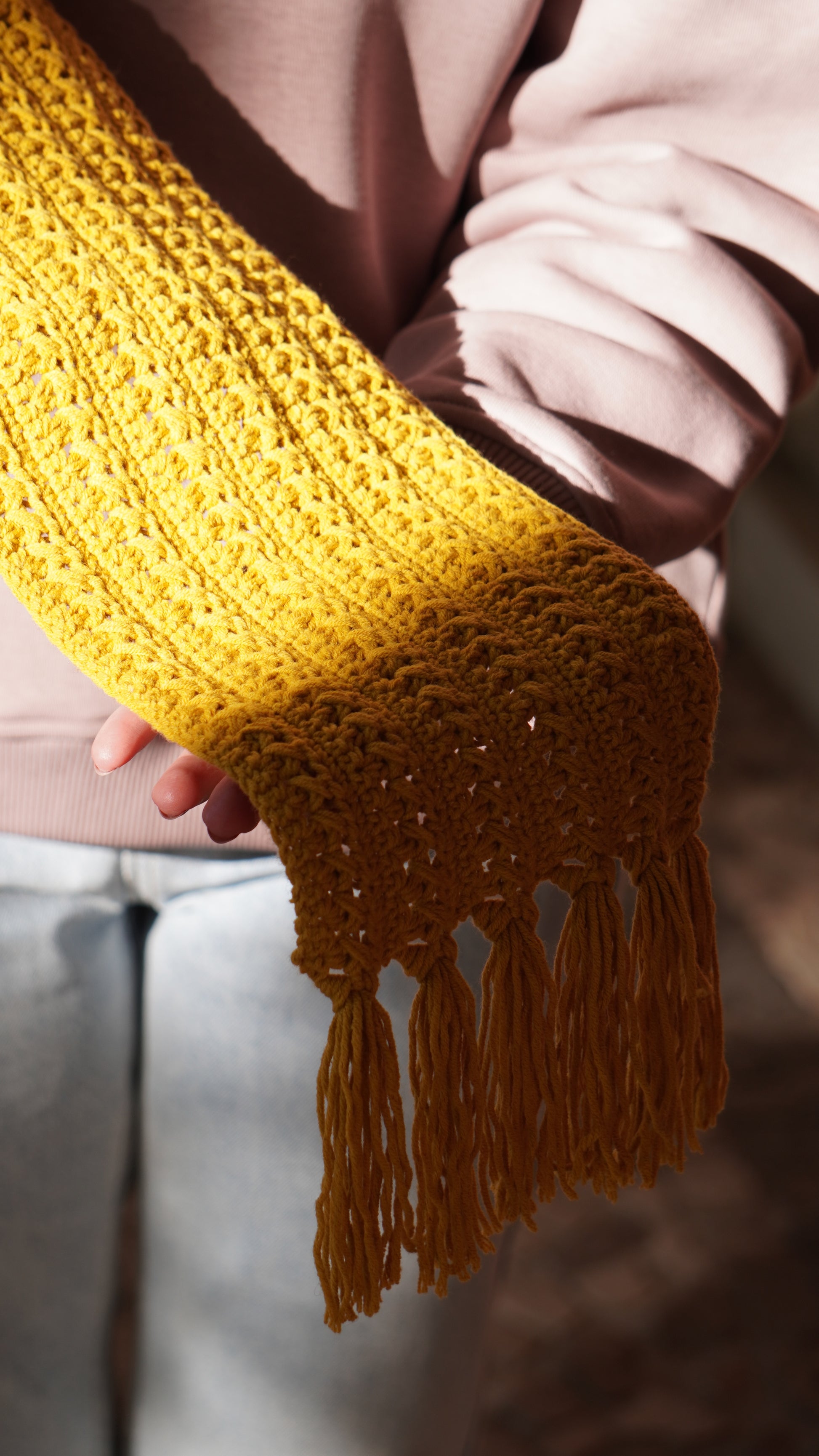 Mozaika Collective Mustard Yellow Scarf flat lay showing knit texture and colour detail
