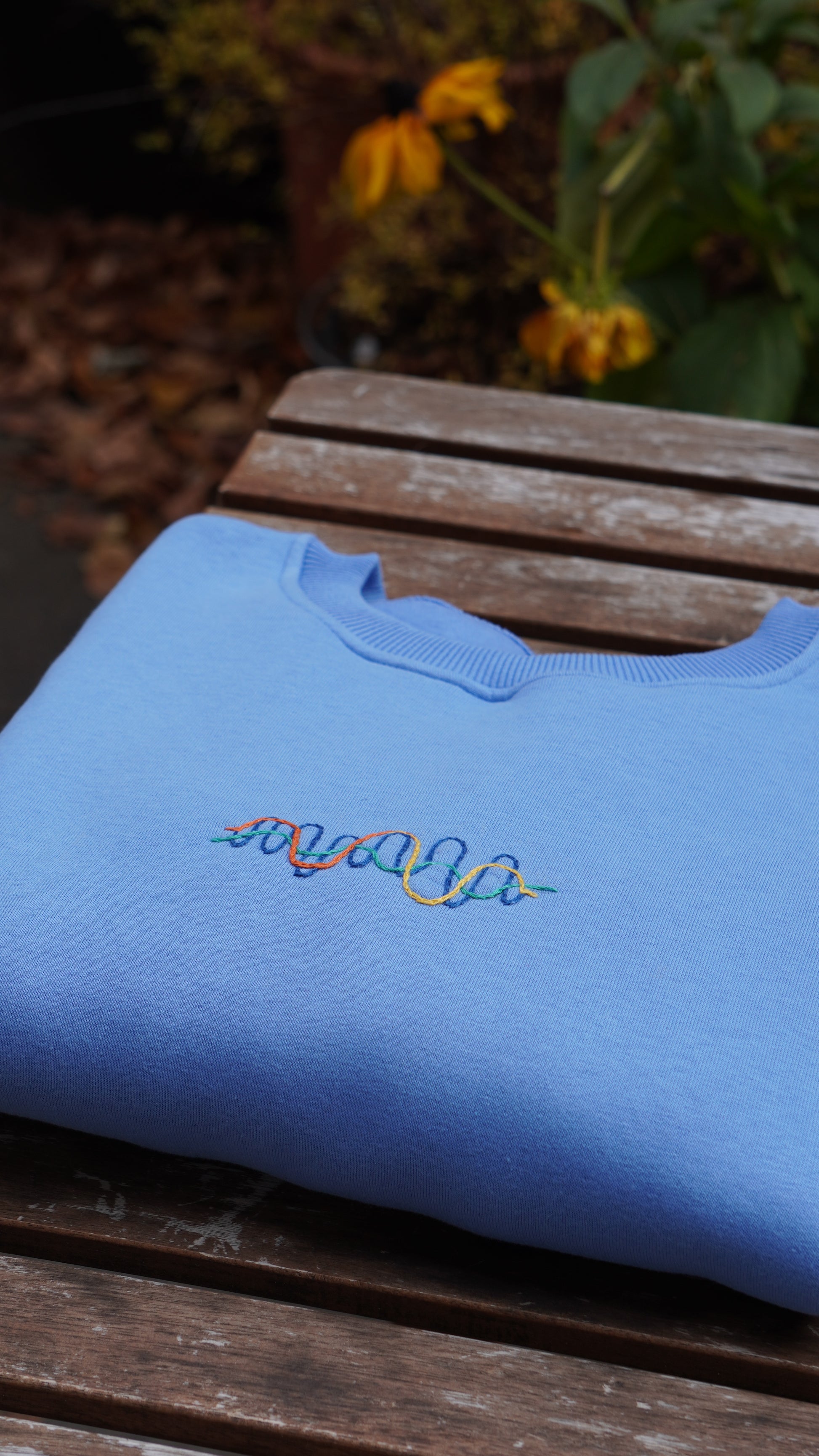 Momeni Vivaldi Spring Blue Sweatshirt back view, Four Seasons Collection artisan embroidery