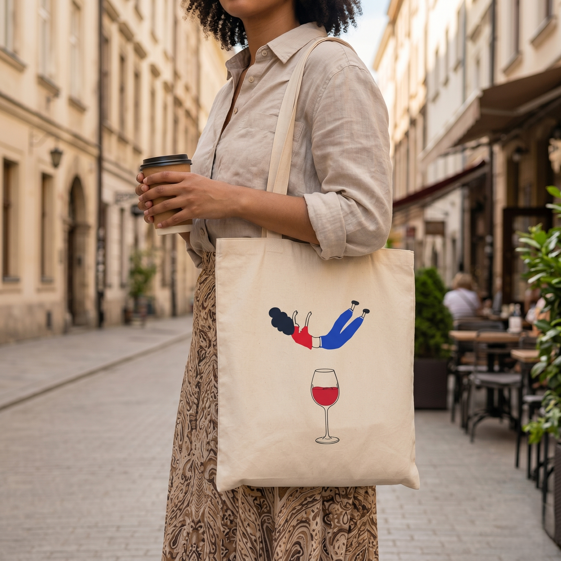 Bael Falling into Wine Tote Bag close-up showing hand embroidery motif on organic canvas