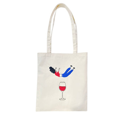 Bael Falling into Wine hand-embroidered organic canvas tote bag, 40x35cm colourful lining interior pocket