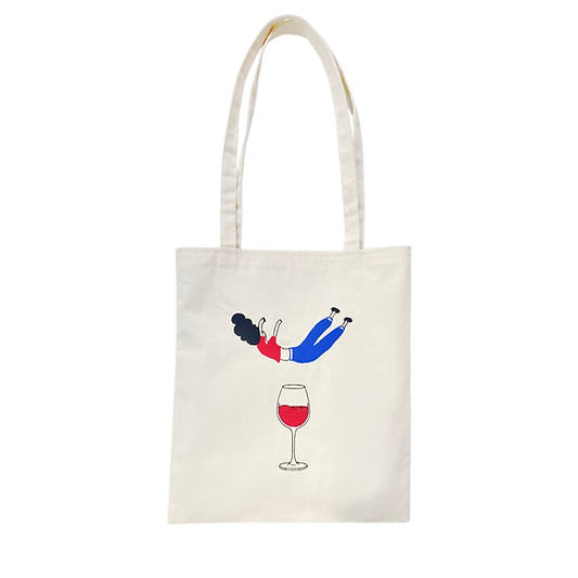 Bael Falling into Wine hand-embroidered organic canvas tote bag, 40x35cm colourful lining interior pocket