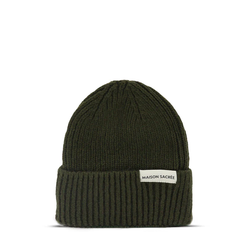 Maison Sacrée Khaki Knitted Beanie front view, premium 70% cotton 30% wool blend