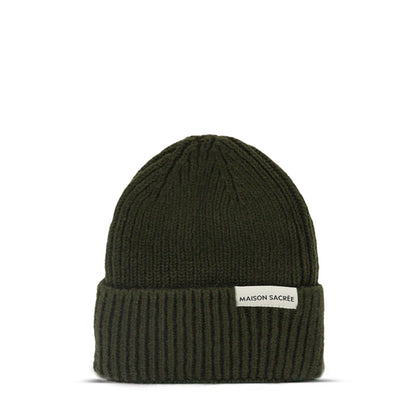 Maison Sacrée Khaki Knitted Beanie front view, premium 70% cotton 30% wool blend