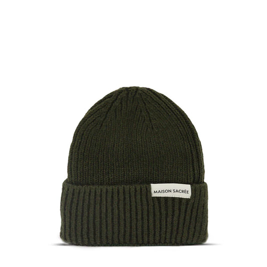 Maison Sacrée Khaki Knitted Beanie front view, premium 70% cotton 30% wool blend