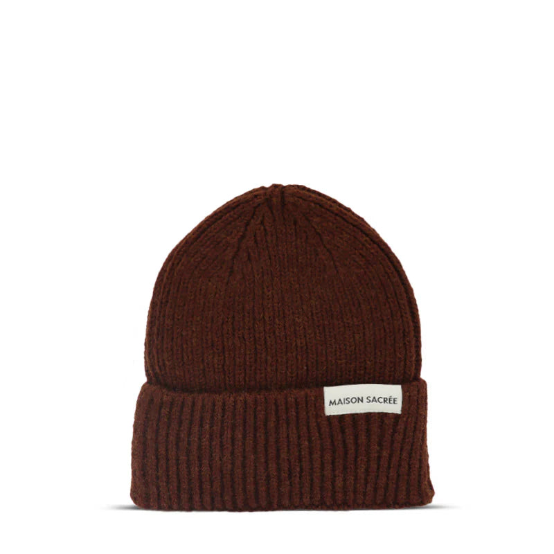 Maison Sacrée Brown Knitted Beanie front view, warm brown premium cotton wool blend