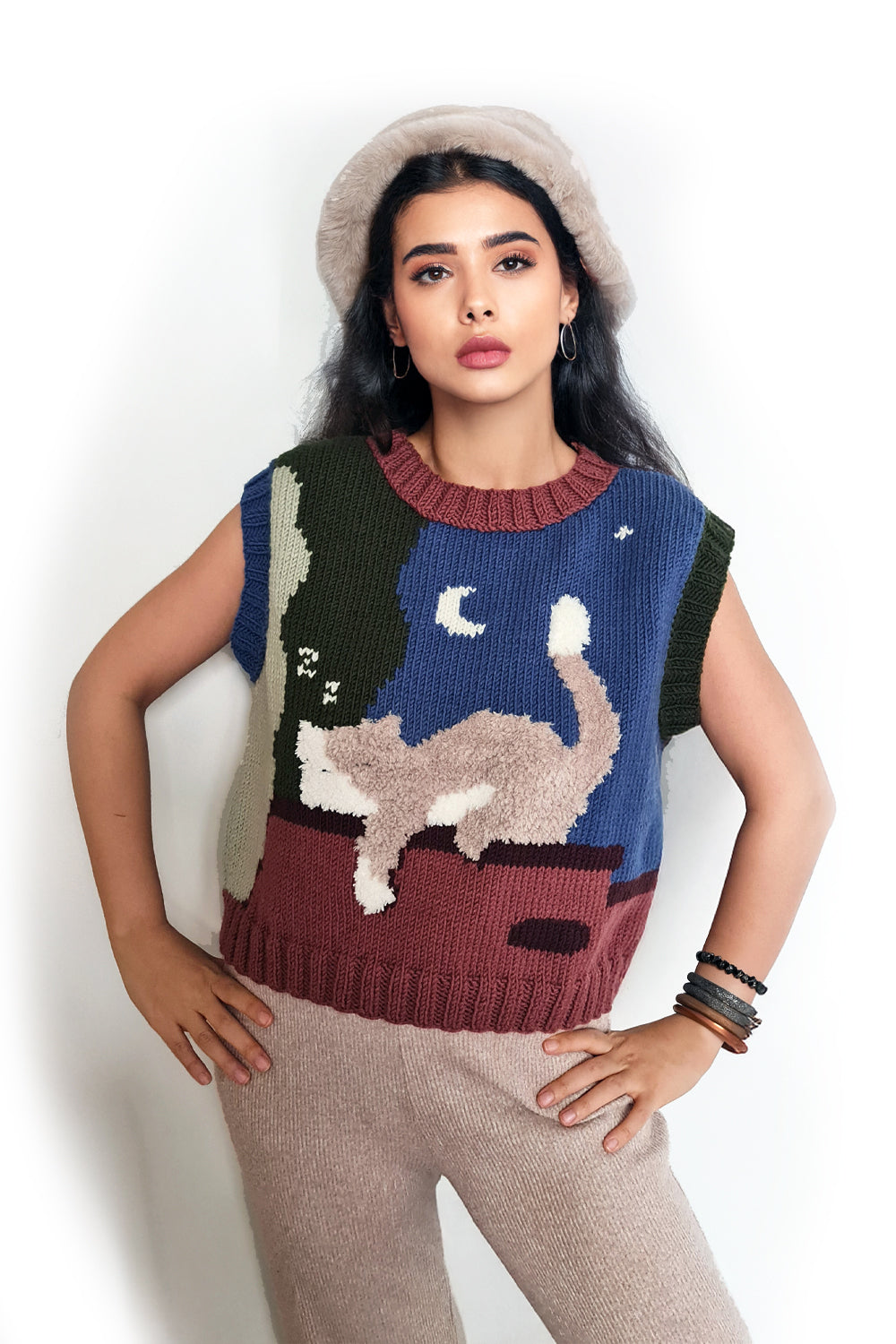 Zone Design Pufi Sweater front view flat lay, handmade cat motif knitwear