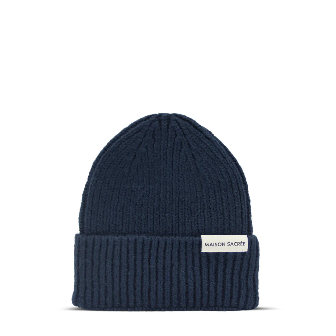 Maison Sacrée Navy Knitted Beanie front view, shape-retaining premium beanie