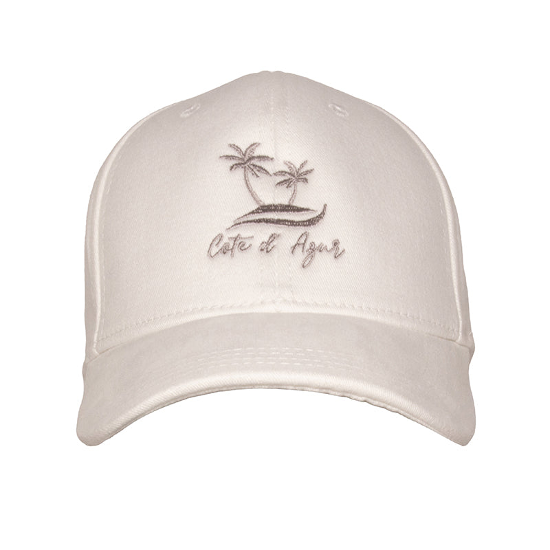 Les Palmiers White Cap front view — palm tree embroidery