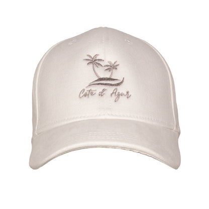 Les Palmiers White Cap front view — palm tree embroidery