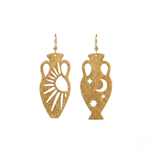 Mozaika Collective Sun and Moon Vase Handmade Brass Earrings, ancient Anatolian symbolism jewellery