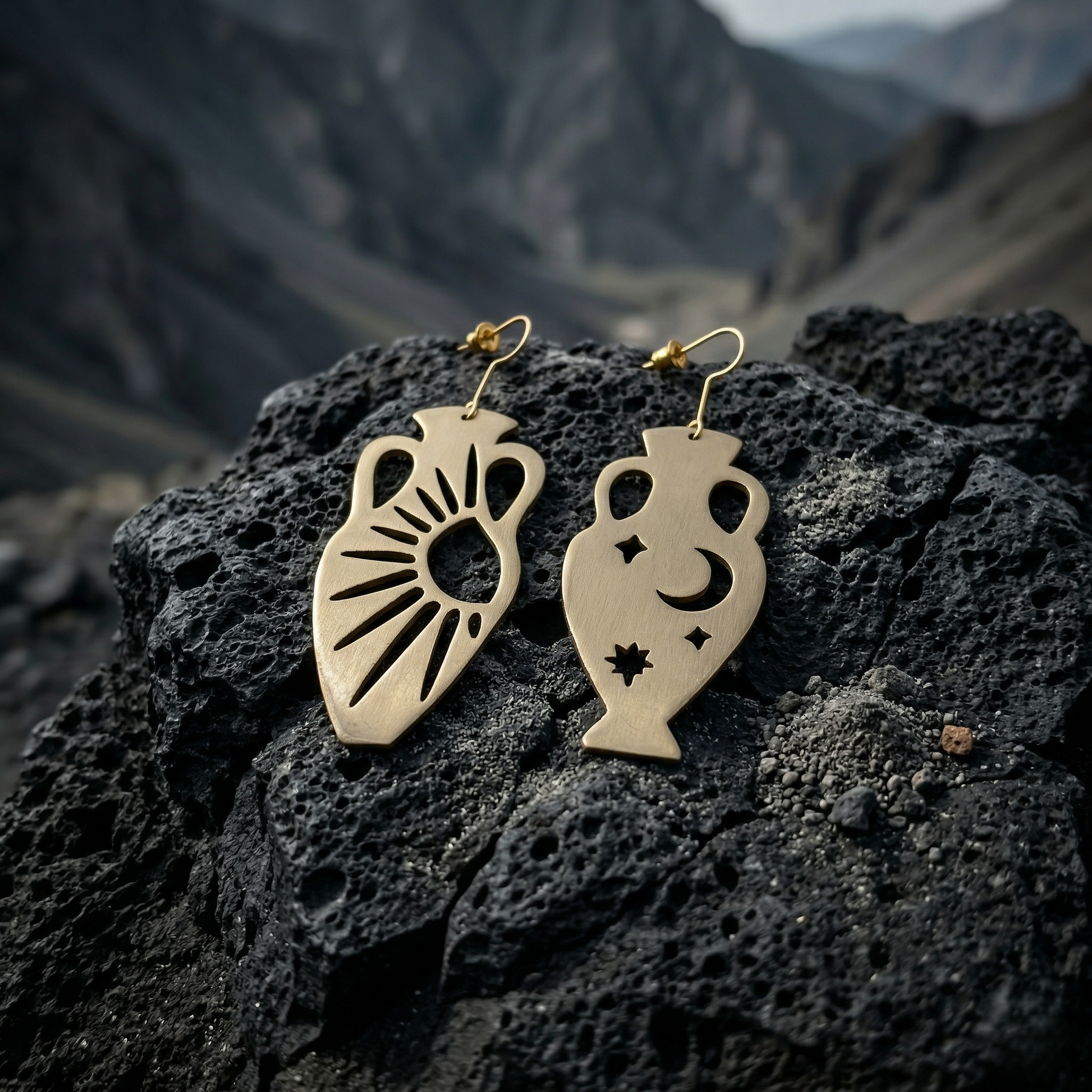 Mozaika Collective Sun and Moon Vase Earrings close-up showing hand-formed brass vase silhouette