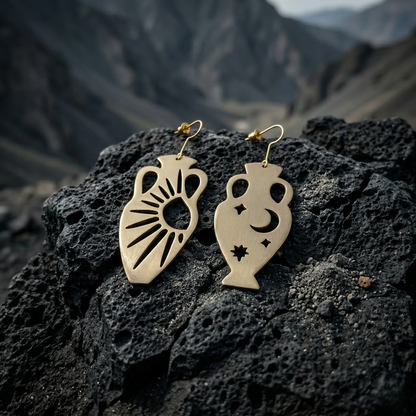 Mozaika Collective Sun and Moon Vase Earrings close-up showing hand-formed brass vase silhouette