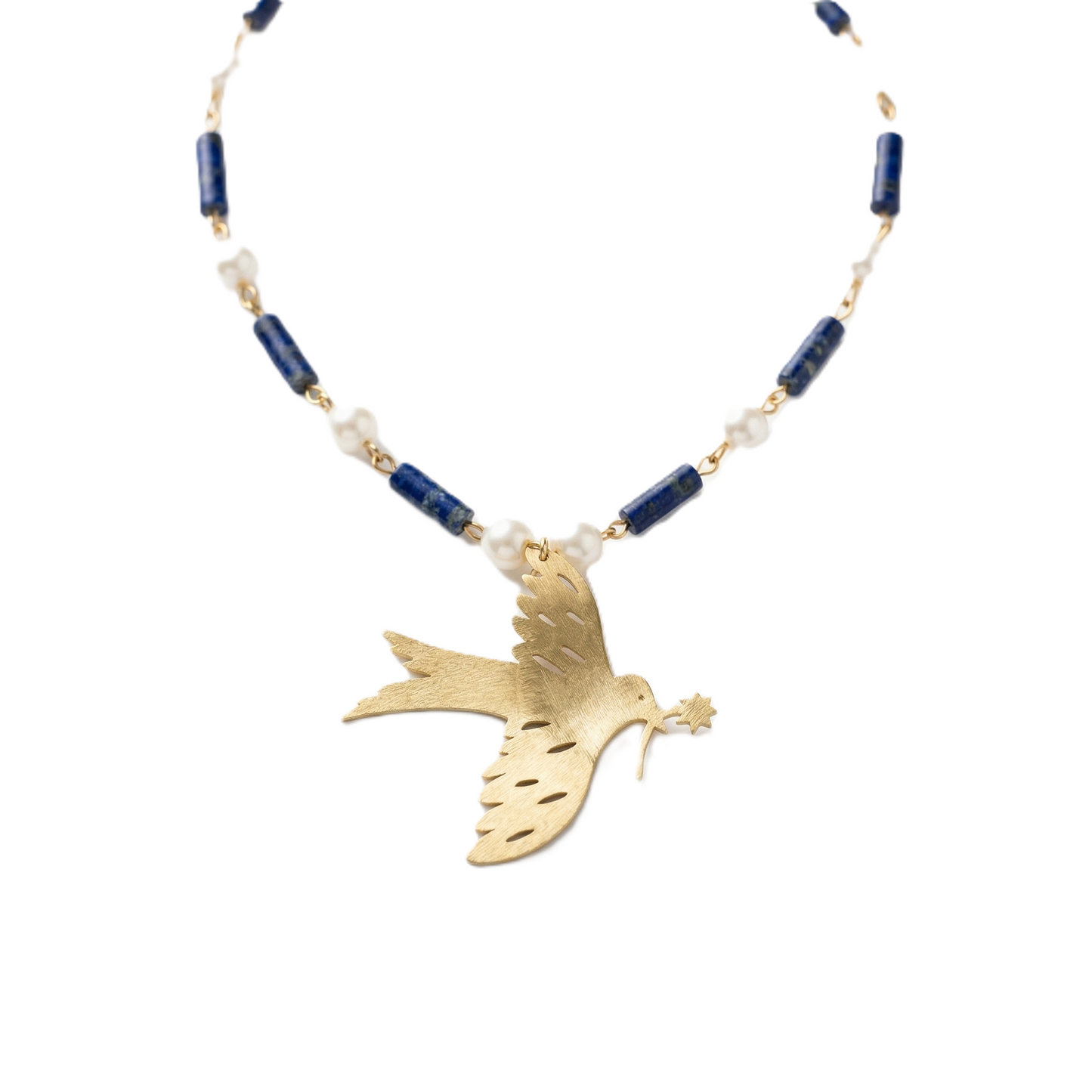 Mozaika Collective Peace Dove Handmade Necklace, solid brass with Lapis Lazuli and pearl details